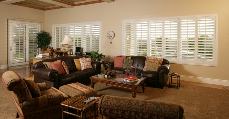 Gainesville family room with interior shutters.